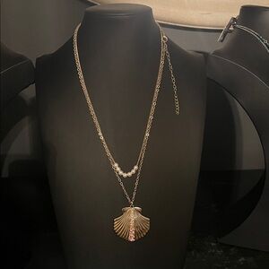 #C02.   Gold Shell Pendant Necklace with pink stones & Pearl Accents